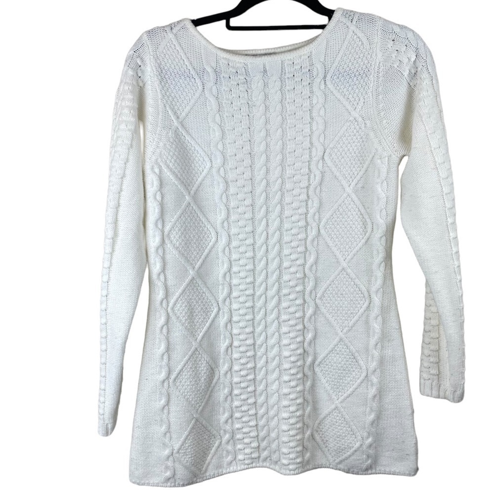 Susan Graver winter white cable‎ knit tunic length sweater Sz XS